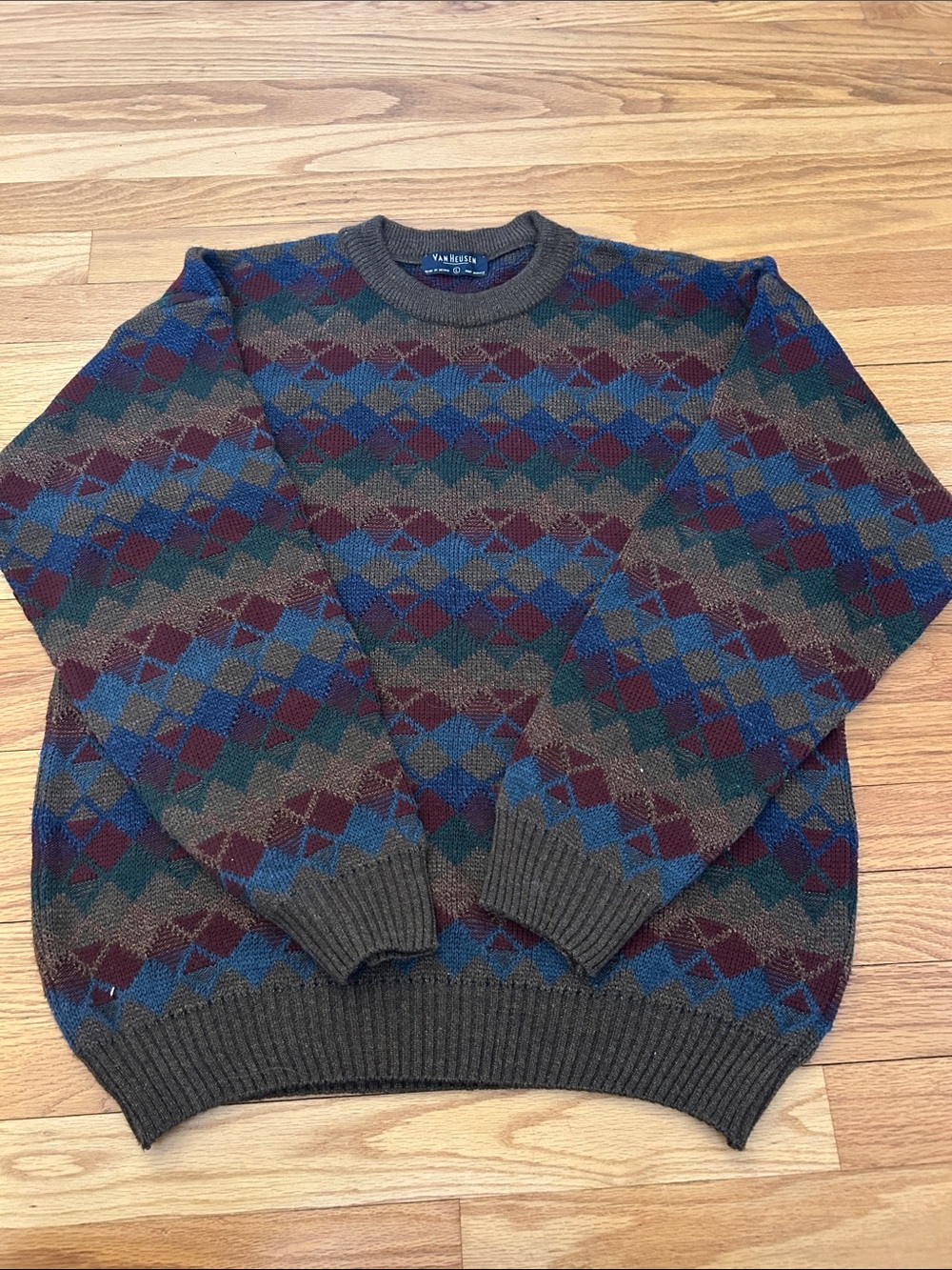 Van Heusen Brown Multi-Color Argyle Crewneck Sweater with Blue and Green Accents